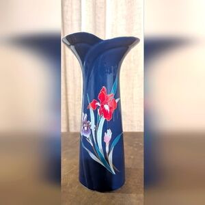 Vintage Japan 10.5" Navy Blue Vase Floral Iris Gold Trim by Fine China